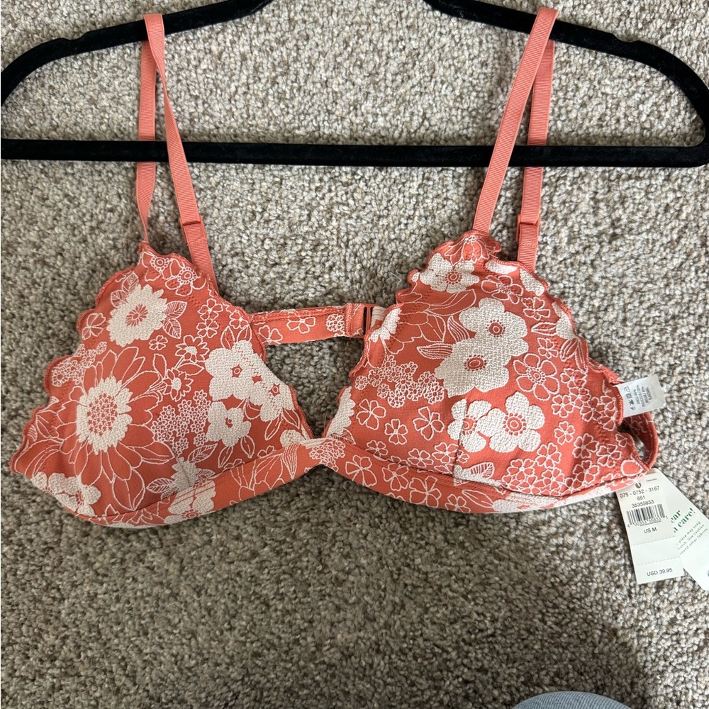 aerie Coral & White Floral Lace-Trim Bikini Top